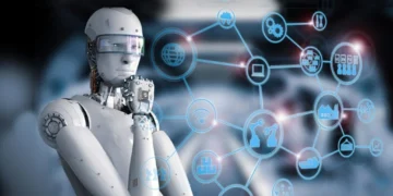 A futuristic smart city in 2050 with autonomous vehicles, AI-managed traffic systems, and intelligent buildings.