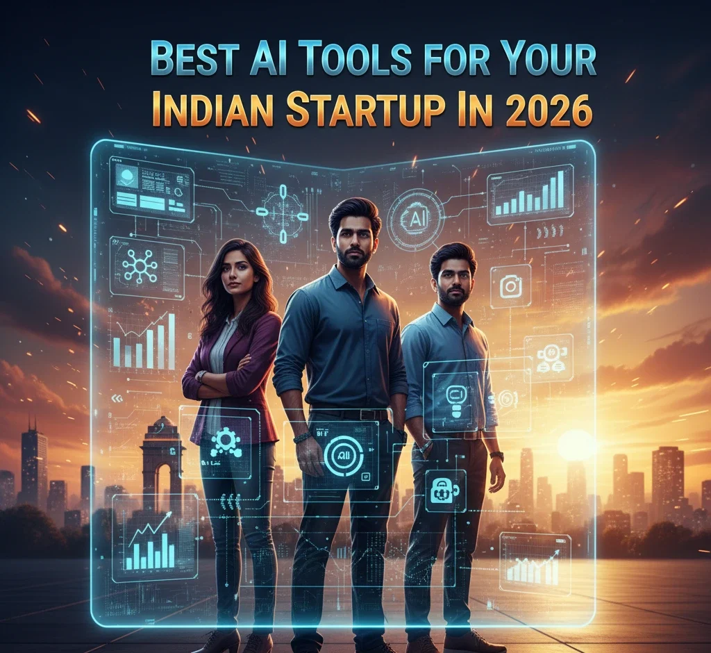 Best AI Tools for Your Indian Startup in 2026 2 2 men and one women businnes statrup with ai -Best AI Tools for Your Indian Startup in 2026
