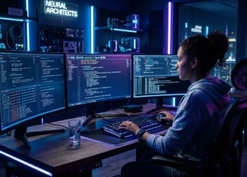 A futuristic developer workspace at night, multiple holographic screens showing AI-generated code, glowing blue and cyan neon lights, dark moody background, ultra-realistic, cinematic 8K quality, tech magazine cover style-Best AI Coding Tools in 2026: Write, Build, and Ship Code Faster