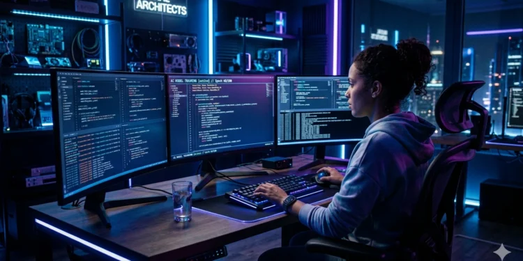 Best AI Coding Tools 2026: Write, Build, and Ship Code Faster 1 A futuristic developer workspace at night, multiple holographic screens showing AI-generated code, glowing blue and cyan neon lights, dark moody background, ultra-realistic, cinematic 8K quality, tech magazine cover style-Best AI Coding Tools in 2026: Write, Build, and Ship Code Faster