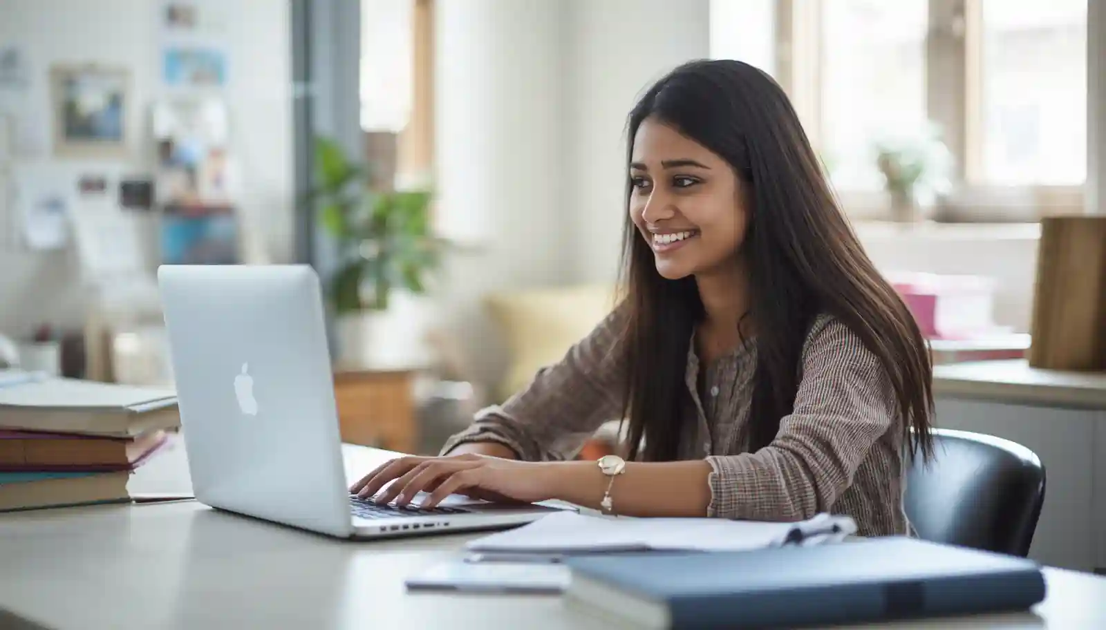 Free AI Tools for Students 2026: Study Smarter, Not Harder (Real Case Study) 2 Smiling Indian female engineering student using laptop with ChatGPT AI tool at study desk with physics books and natural lighting- AI Tools for Students
