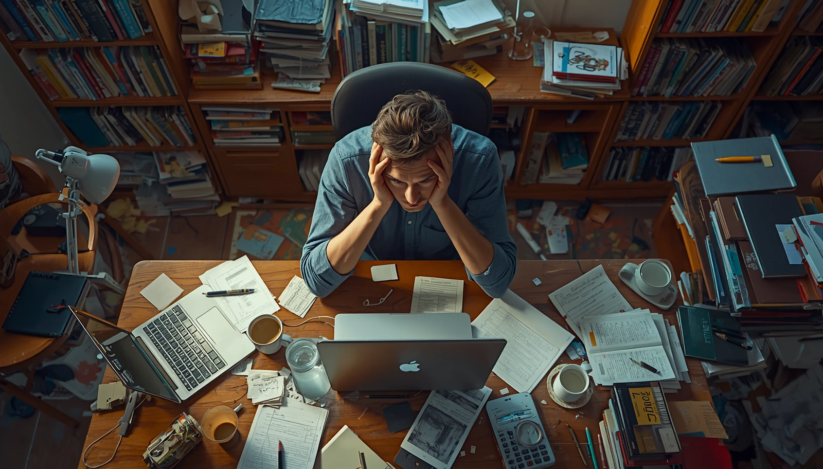 Free AI Tools for Students 2026: Study Smarter, Not Harder (Real Case Study) 5 Overwhelmed college student sitting at messy desk surrounded by textbooks and coffee cups — why students need free AI study tools