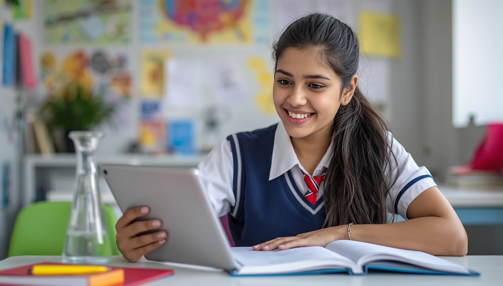 Free AI Tools for Students 2026: Study Smarter, Not Harder (Real Case Study) 4 Happy Indian school girl in uniform using tablet for AI-assisted chemistry revision with open textbook in bright classroom 2026