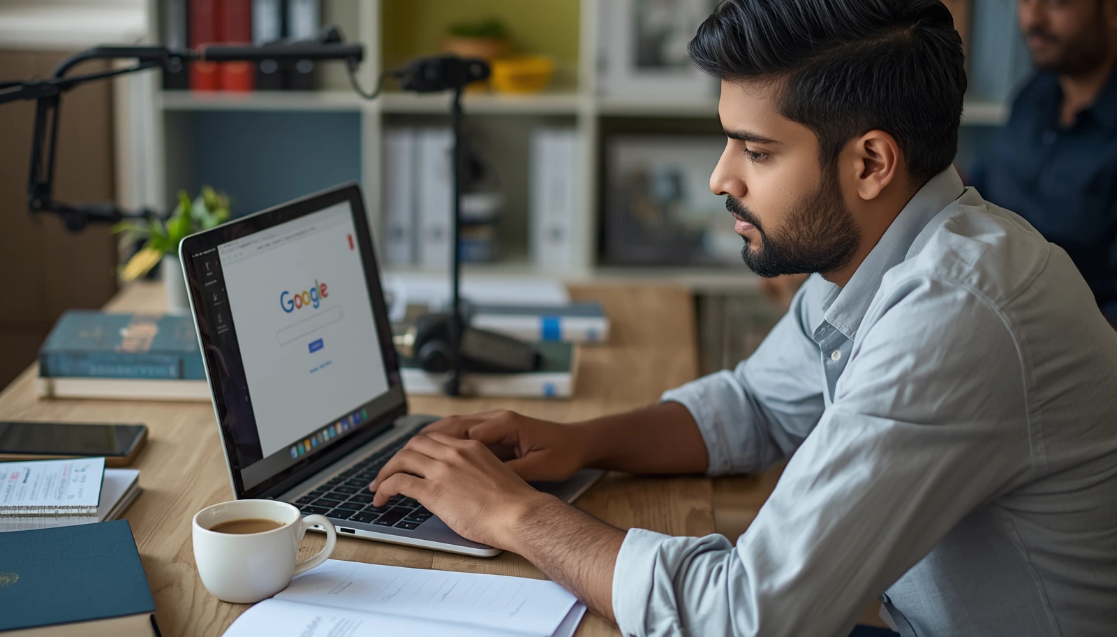 Free AI Tools for Students 2026: Study Smarter, Not Harder (Real Case Study) 3 Indian male commerce student typing on laptop with Google search open at organized study desk with coffee and business textbooks