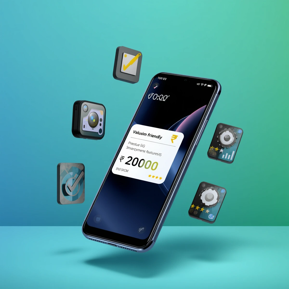 5G phone under 20000 India with glowing rupee symbol rising from smartphone screen — futuristic illustration of affordable 5G network connectivity 2026