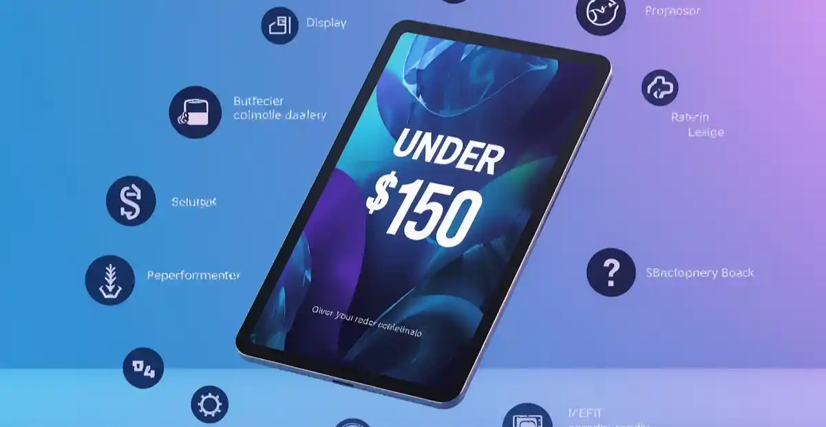 Budget tablet under 150 with feature icons including battery, display, processor and performance metrics on gradient tech background-Budget tablet under 150 with feature icons including battery, display, processor and performance metrics on gradient tech background-Best Budget Tablet 2026