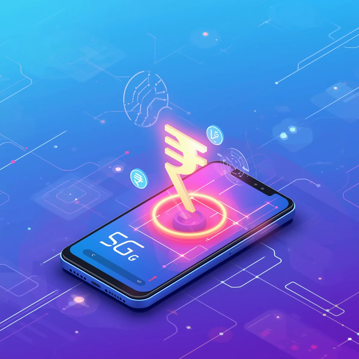 5G phone speed visualization India 2026 — lightning fast 5G smartphone with gaming icons, streaming symbols and digital data flow on dark futuristic background