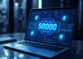 Best laptop under 50000 India 2026 — modern laptop on desk displaying 50000 price with Indian rupee symbols and futuristic blue tech interface elements