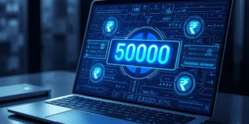Best laptop under 50000 India 2026 — modern laptop on desk displaying 50000 price with Indian rupee symbols and futuristic blue tech interface elements