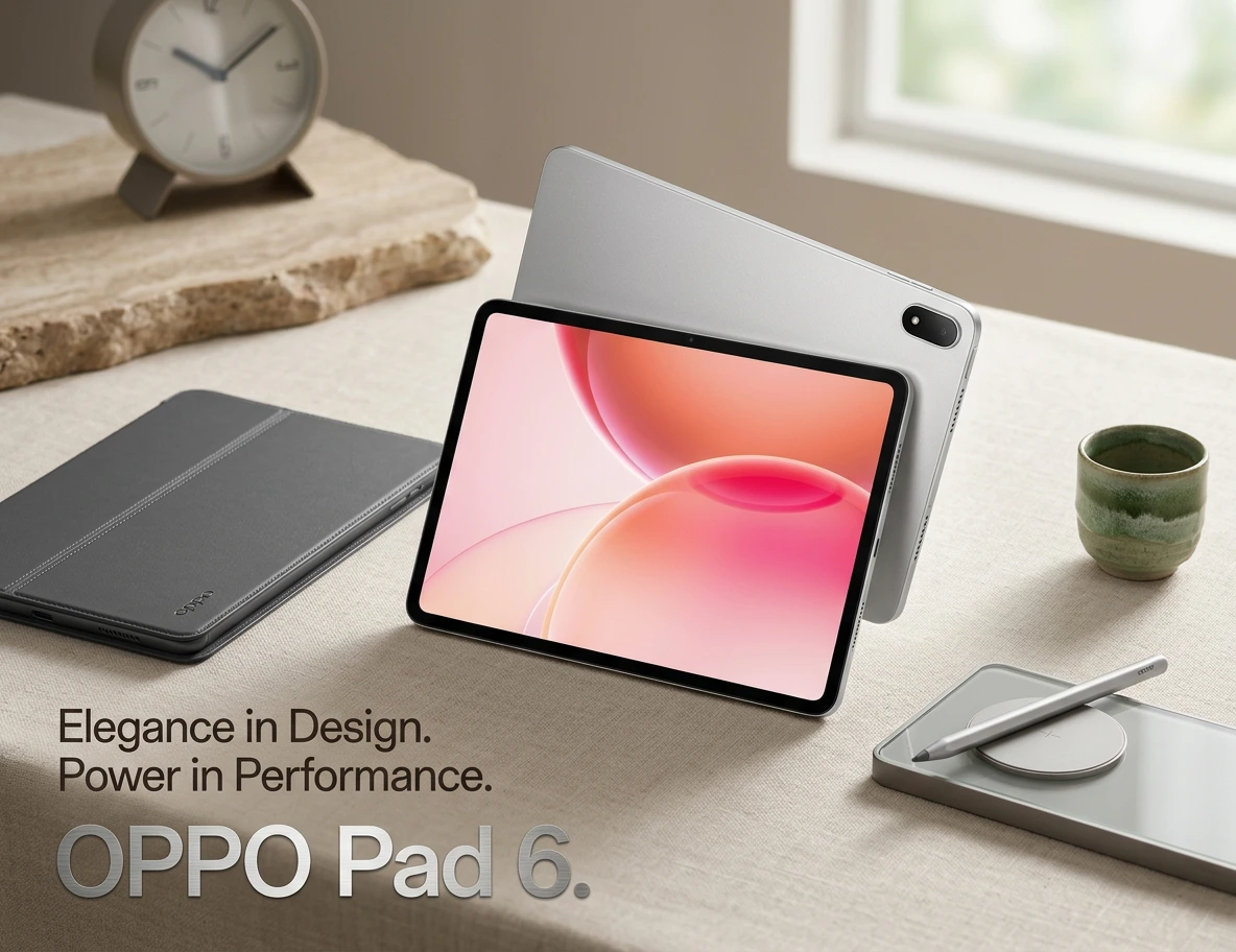 OPPO Pad 6 (2026): Specs, Release Date & Price Revealed 2 OPPO Pad 6 tablet with keyboard case and stylus on desk beside clock and coffee cup — OPPO Pad 6 (2026): Specs, Release Date & Price Revealed Elegance in Design Power in Performance
