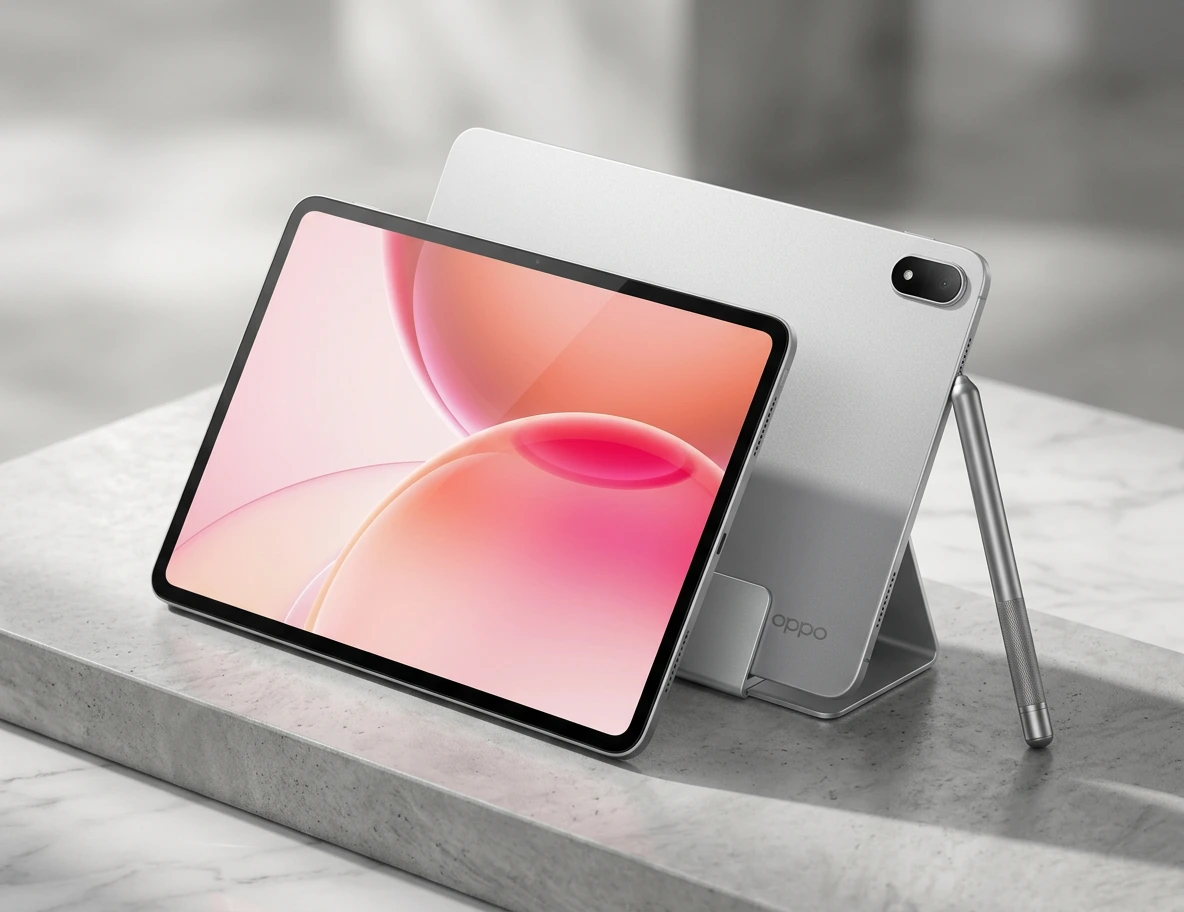 OPPO Pad 6 (2026): Specs, Release Date & Price Revealed 4 OPPO Pad 6 tablet standing on kickstand with stylus pen on marble table — productivity and design setup 2026 ,OPPO Pad 6 (2026): Specs, Release Date & Price Revealed