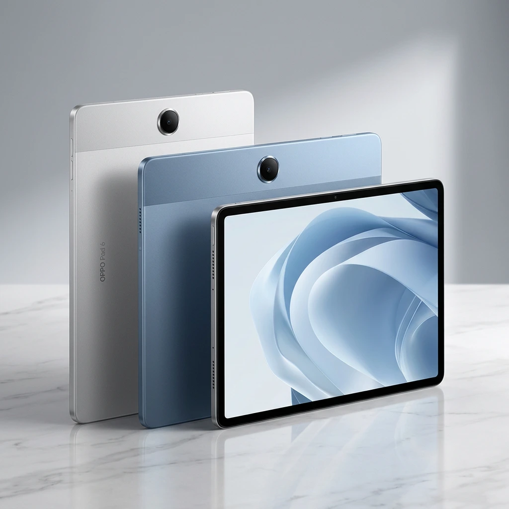 OPPO Pad 6 (2026): Specs, Release Date & Price Revealed 3 OPPO Pad 6 in silver and blue color variants showing front display and rear panel on marble surface — all color options 2026,OPPO Pad 6 (2026): Specs, Release Date & Price Revealed