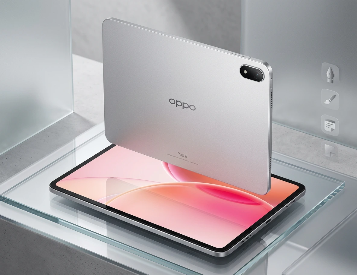 OPPO Pad 6 (2026): Specs, Release Date & Price Revealed 5 OPPO Pad 6 tablet front and back view with stylus and case — official launch photo
