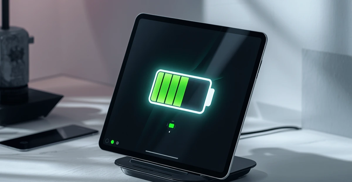 Tablet on charging dock with glowing battery icon showing full charge and fast charging capability-Best Budget Tablet 2026