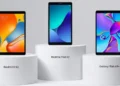 Three budget tablets displayed on white podiums showing Redmi Pad SE 2, Realme Pad X2, and Samsung Galaxy Tab A9+ side by side comparison-Best Budget Tablet 2026