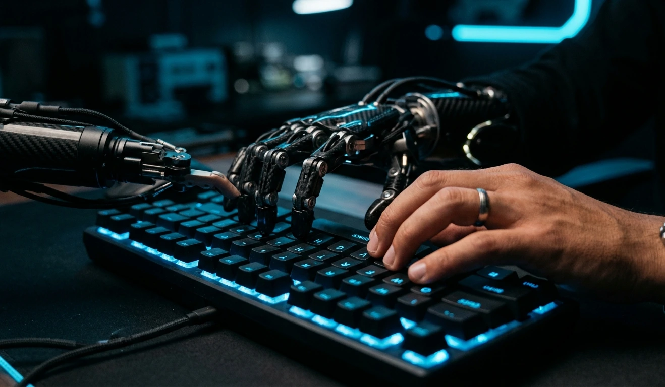 Best AI Coding Tools 2026: Write, Build, and Ship Code Faster 2 A robot hand and human hand typing on the same keyboard together, close-up shot, soft neon blue lighting, dark background, symbolic of human-AI collaboration, photorealistic-Best AI Coding Tools in 2026: Write, Build, and Ship Code Faster