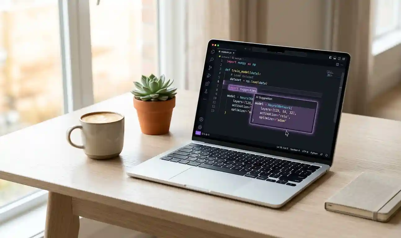 Best AI Coding Tools 2026: Write, Build, and Ship Code Faster 3 A premium laptop showing a modern code editor with AI suggestions highlighted in soft purple, sitting on a clean white desk, natural daylight, product photography style, minimalist aesthetic-Best AI Coding Tools in 2026: Write, Build, and Ship Code Faster
