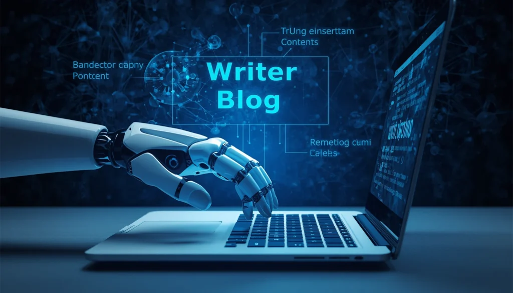 Best AI Tools for Blogging in 2026 (Free + Paid) 2 AI Tools for Blogging in 2026- Robotic and human hands collaborating on content creation