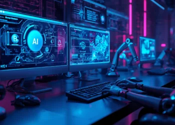 AI Tools for Blogging in 2026-Futuristic AI workspace with holographic screens and neural networks - ideal for your featured image