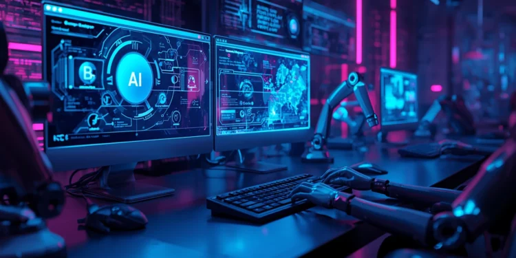 Best AI Tools for Blogging in 2026 (Free + Paid) 1 AI Tools for Blogging in 2026-Futuristic AI workspace with holographic screens and neural networks - ideal for your featured image