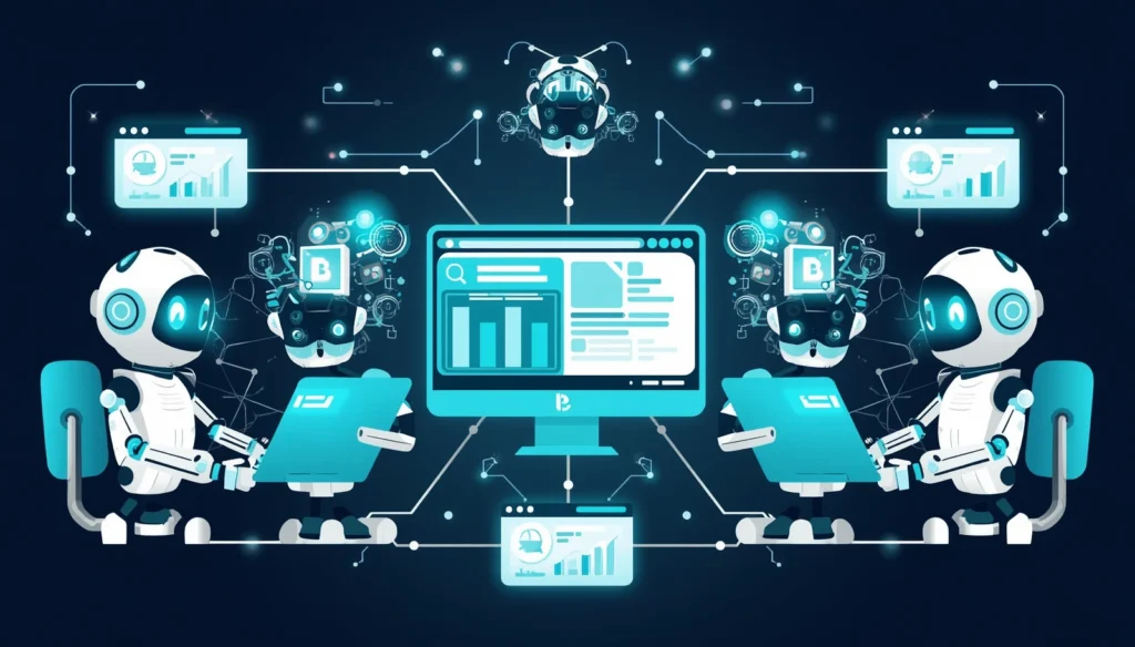 Best AI Tools for Blogging in 2026 (Free + Paid) 4 AI Tools for Blogging in 2026-Multiple AI robots collaborating on different blogging tasks