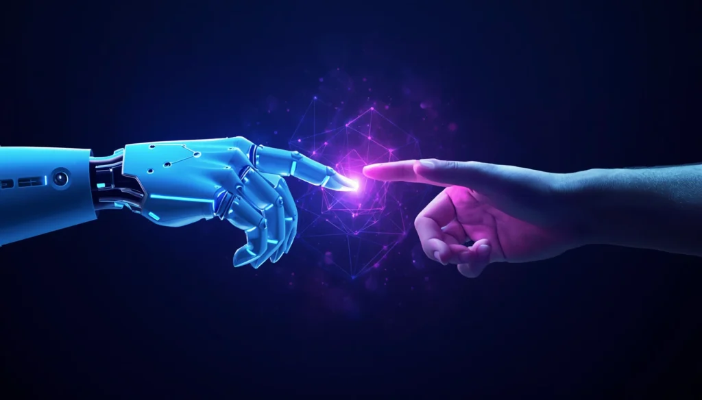 Top 7 Best AI Image Generators : Free in 2026 2 Futuristic robot hand and human hand reaching toward each other with glowing AI neural network connections between them, collaboration between human creativity and artificial intelligence, digital art-