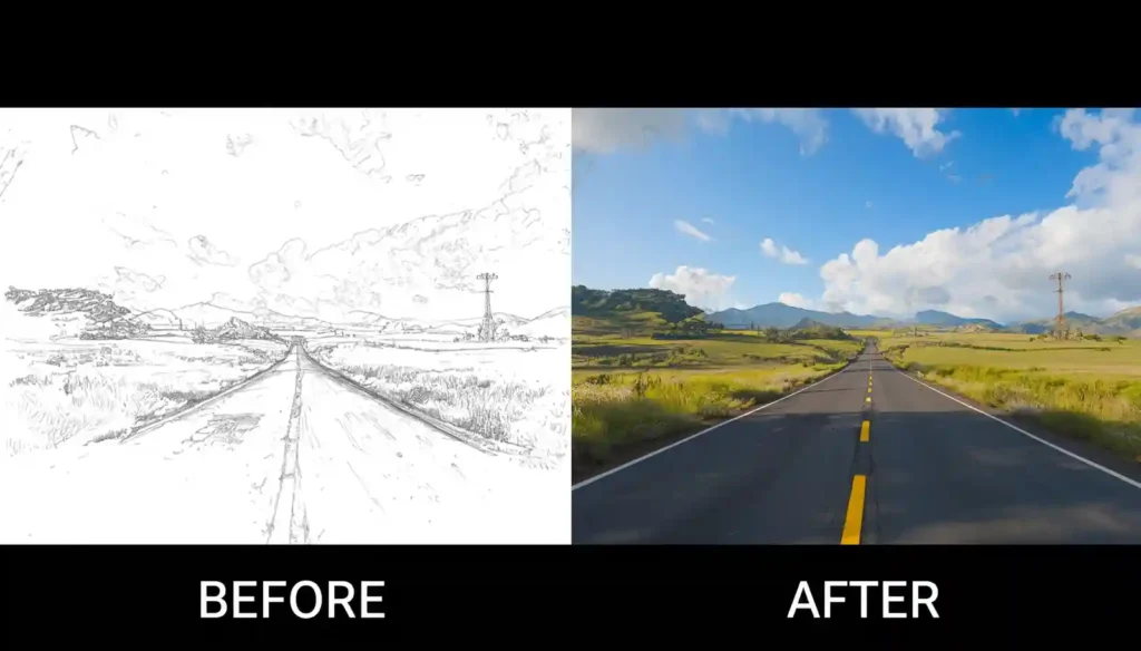 Top 7 Best AI Image Generators : Free in 2026 3 AI image generator-Split screen comparison showing before and after, left side shows basic sketch or rough concept, right side shows polished AI-generated professional image, transformation concept, clean modern layout,